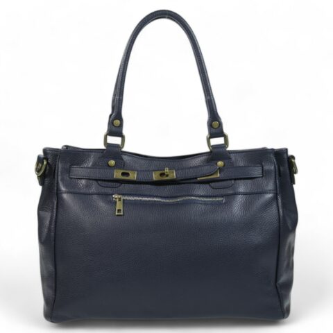 Passaggio Leather Τσάντα Tote Από Γνήσιο Δέρμα Italy (Μπλε-Μεγάλη)