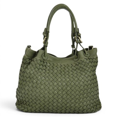 Passaggio Leather Shopper Από Γνήσιο Πλεκτό Vintage Δέρμα(Italy-Πράσινο)
