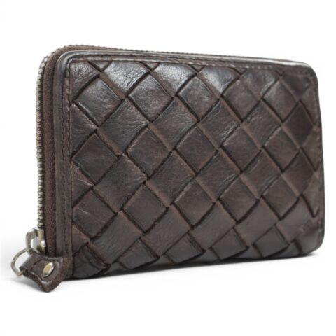Vintage Washed Πλεκτό Δερμάτινο Πορτοφόλι Chocolate Brown